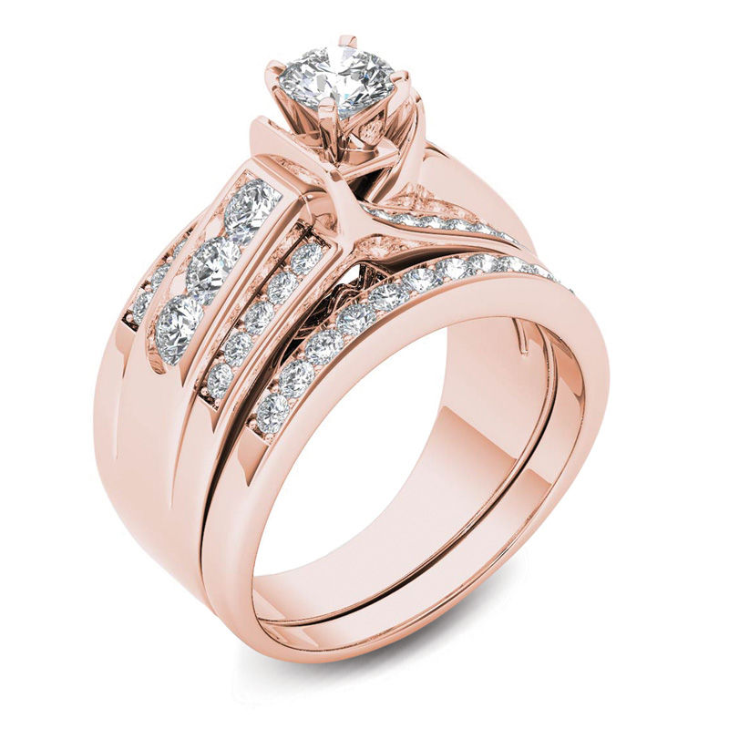 Main Image 2 of 1-1/4 CT. T.W. Diamond Multi-Row Bridal Set in 14K Rose Gold