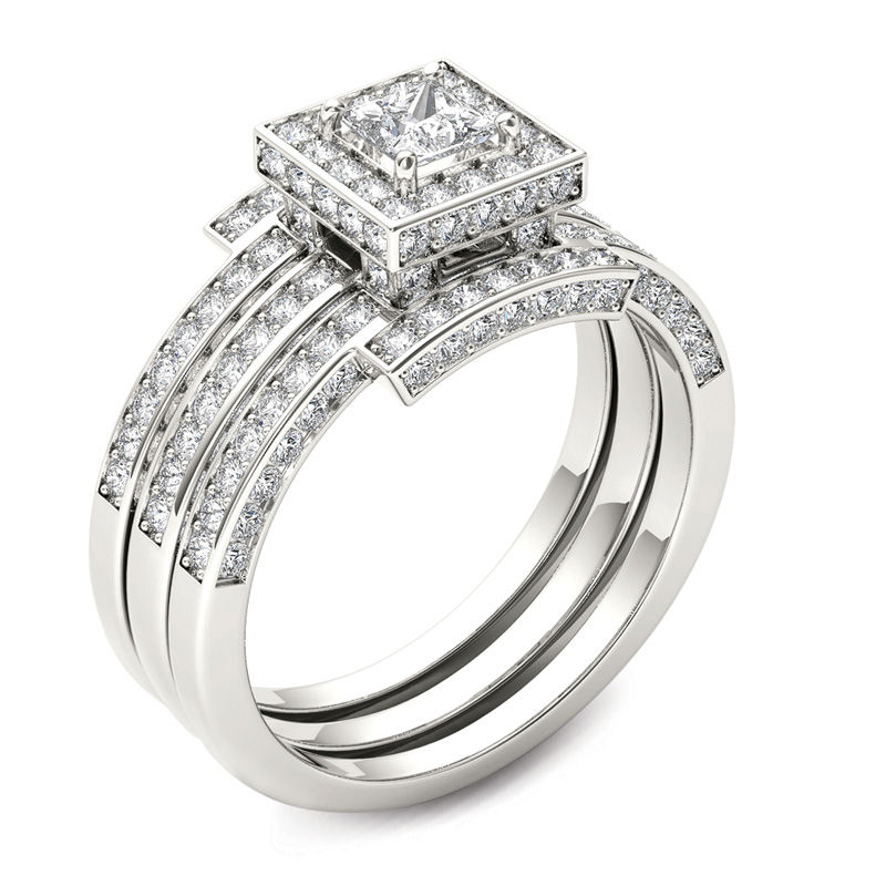 1-3/8 CT. T.W. Princess-Cut Diamond Frame Three Piece Bridal Set in 14K White Gold