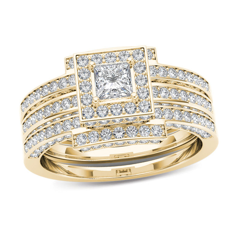 Main Image 1 of 1-3/8 CT. T.W. Princess-Cut Diamond Frame Three Piece Bridal Set in 14K Gold