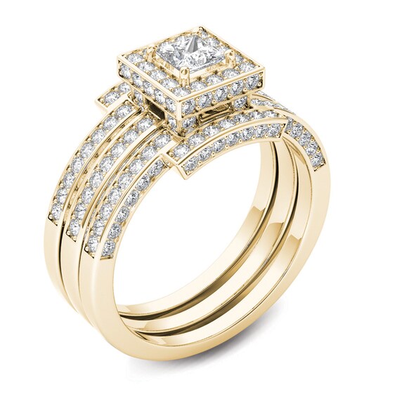 1-3/8 CT. T.w. Princess-Cut Diamond Frame Three Piece Bridal Set in 14K Gold