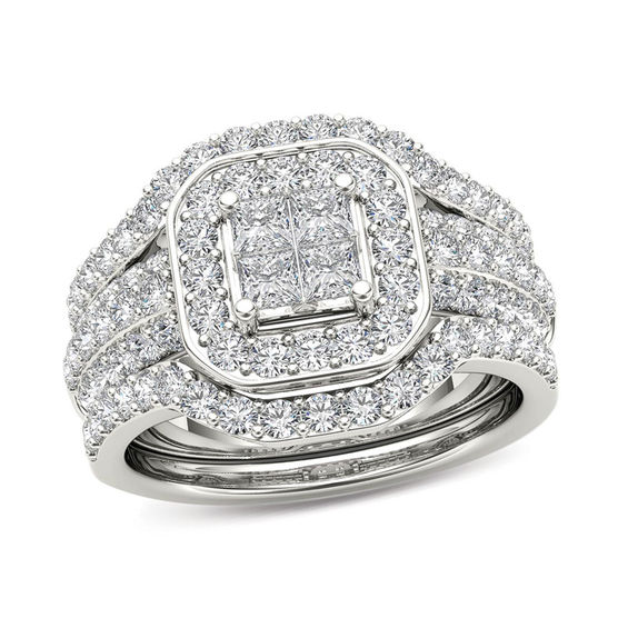 1-3/4 CT. T.w. Quad Princess-Cut Diamond Frame Three Piece Bridal Set in 14K Gold