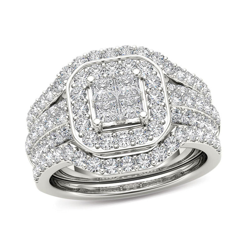 Main Image 1 of 1-3/4 CT. T.W. Quad Princess-Cut Diamond Frame Three Piece Bridal Set in 14K White Gold