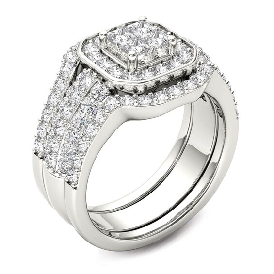 1-3/4 CT. T.w. Quad Princess-Cut Diamond Frame Three Piece Bridal Set in 14K Gold