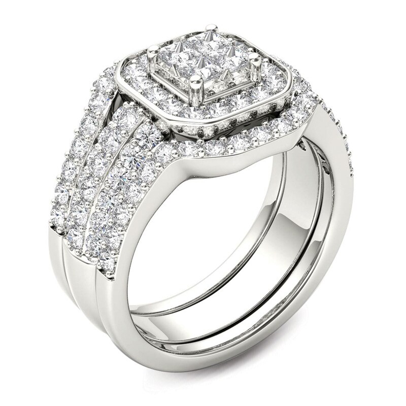 Main Image 2 of 1-3/4 CT. T.W. Quad Princess-Cut Diamond Frame Three Piece Bridal Set in 14K White Gold