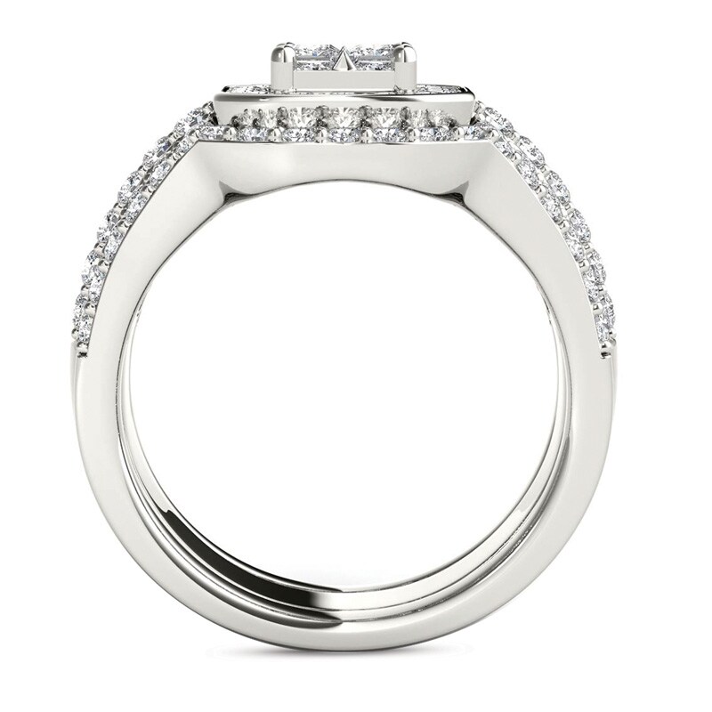 Main Image 3 of 1-3/4 CT. T.W. Quad Princess-Cut Diamond Frame Three Piece Bridal Set in 14K White Gold