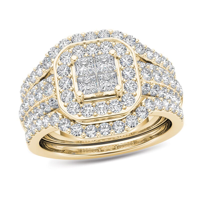 Main Image 1 of 1-3/4 CT. T.W. Quad Princess-Cut Diamond Frame Three Piece Bridal Set in 14K Gold