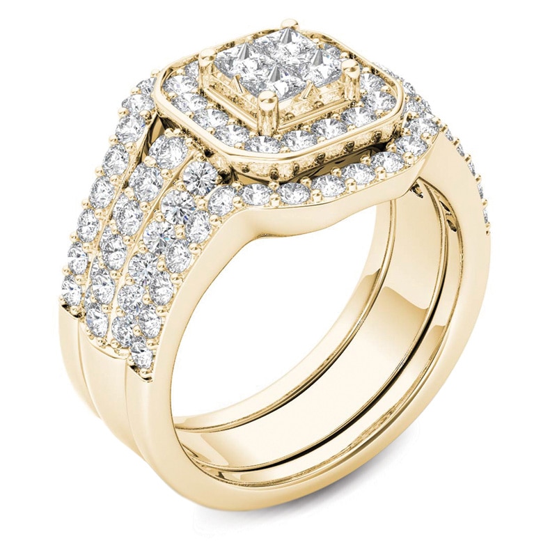 Main Image 2 of 1-3/4 CT. T.W. Quad Princess-Cut Diamond Frame Three Piece Bridal Set in 14K Gold