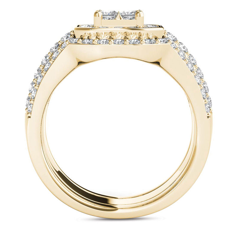 Main Image 3 of 1-3/4 CT. T.W. Quad Princess-Cut Diamond Frame Three Piece Bridal Set in 14K Gold