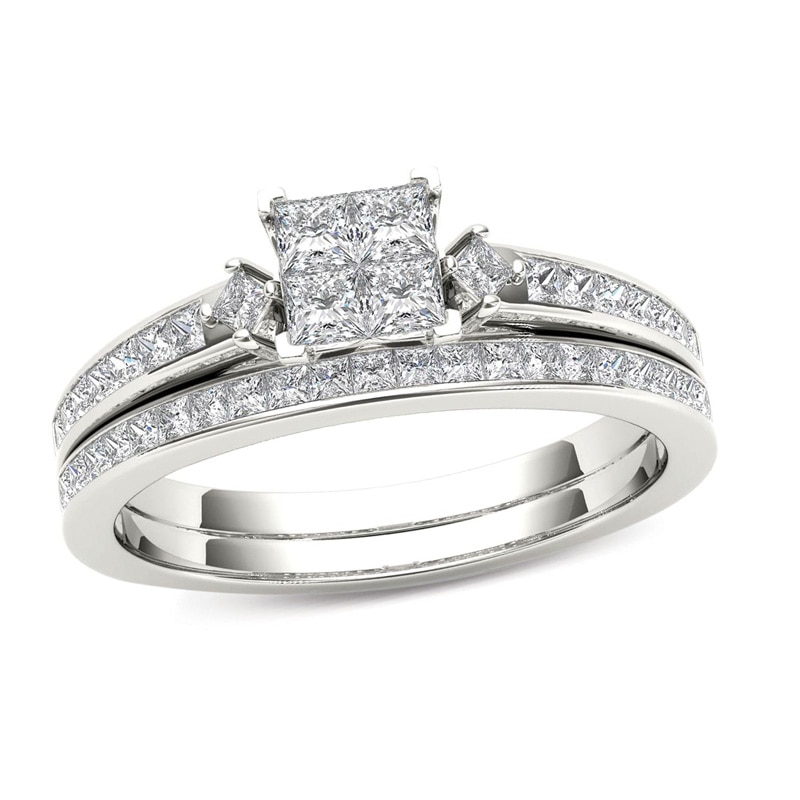 1 CT. T.W. Quad Princess-Cut Multi-Diamond Bridal Set in 14K White Gold