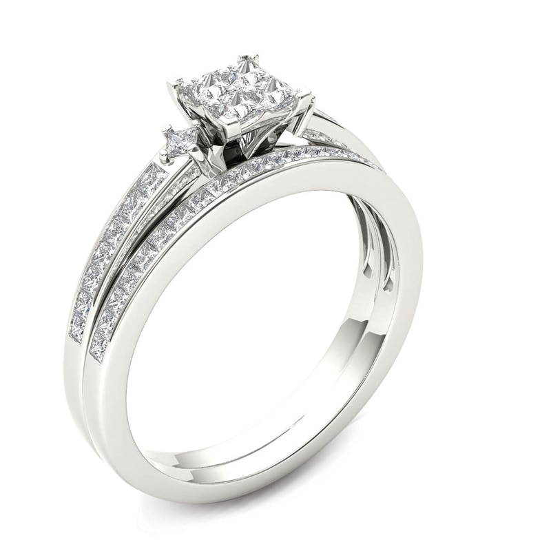 1 CT. T.W. Quad Princess-Cut Multi-Diamond Bridal Set in 14K White Gold