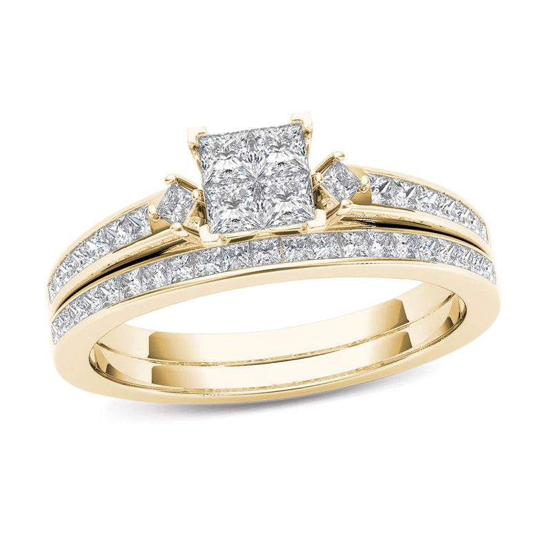 1 CT. T.W. Quad Princess-Cut Multi-Diamond Bridal Set in 14K Gold