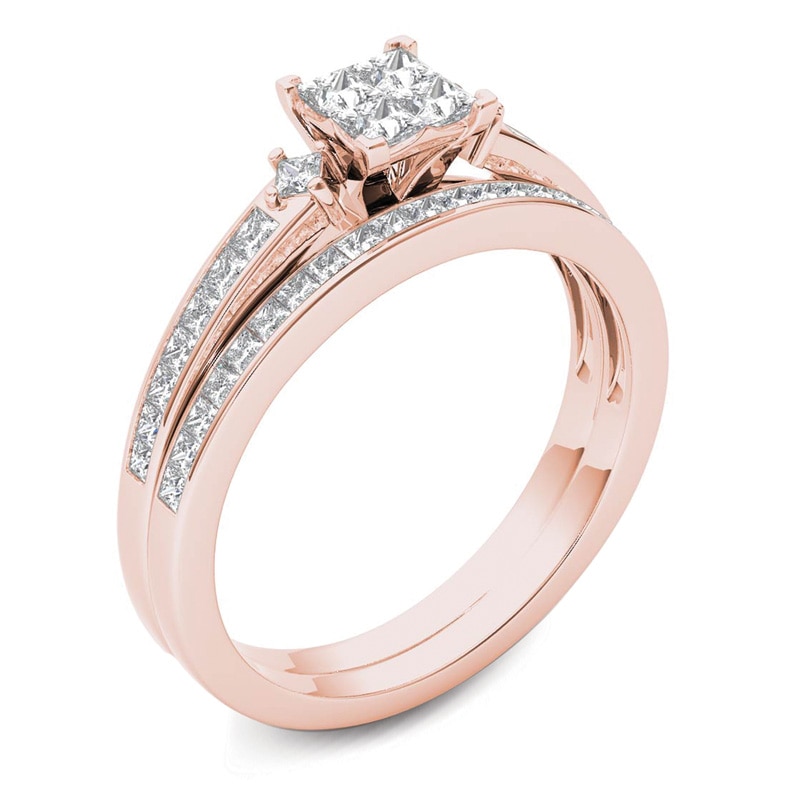 1 CT. T.W. Quad Princess-Cut Multi-Diamond Bridal Set in 14K Rose Gold