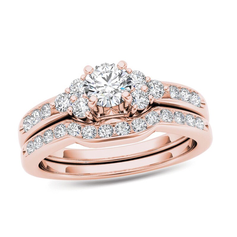 1 CT. T.W. Diamond Tri-Sides Bridal Set in 14K Rose Gold