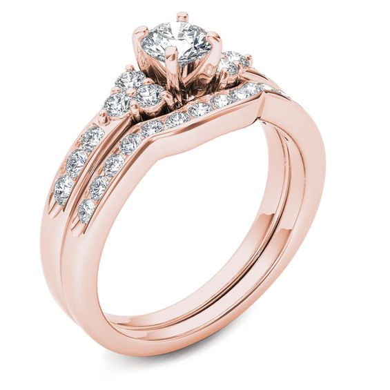 1 CT. T.w. Diamond Tri-Sides Bridal Set in 14K Rose Gold