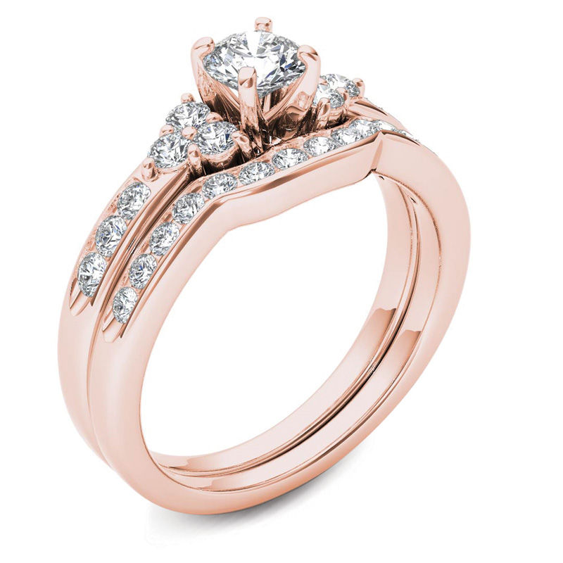 1 CT. T.W. Diamond Tri-Sides Bridal Set in 14K Rose Gold