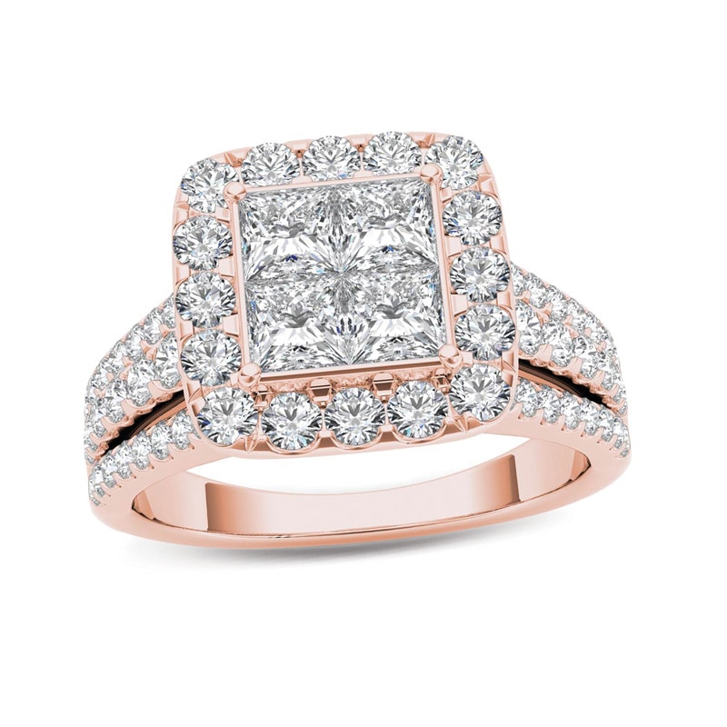 2 CT. T.W. Quad Princess-Cut Multi-Diamond Frame Engagement Ring in 14K Rose Gold