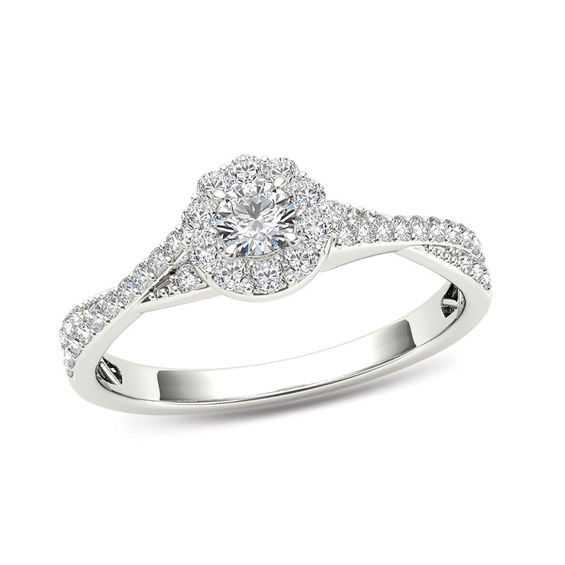 1/2 CT. T.w. Diamond Frame Twist Shank Engagement Ring in 14K White Gold
