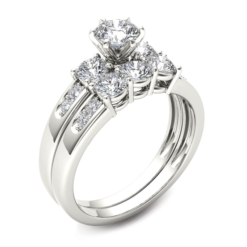 Main Image 2 of 1-1/2 CT. T.W. Diamond Three Stone Bridal Set in 14K White Gold