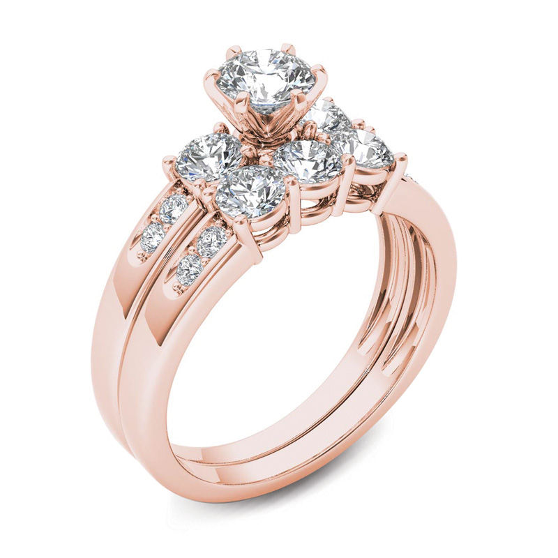 Main Image 2 of 1-1/2 CT. T.W. Diamond Three Stone Bridal Set in 14K Rose Gold