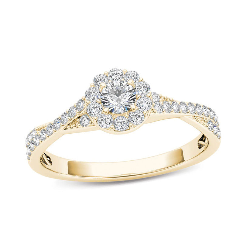 Main Image 1 of 1/2 CT. T.W. Diamond Frame Twist Shank Engagement Ring in 14K Gold