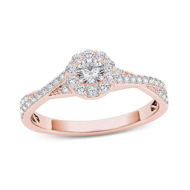 Main Image 1 of 1/2 CT. T.W. Diamond Frame Twist Shank Engagement Ring in 14K Rose Gold