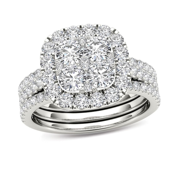 2 CT. T.w. Multi-Diamond Cushion Frame Bridal Set in 14K White Gold