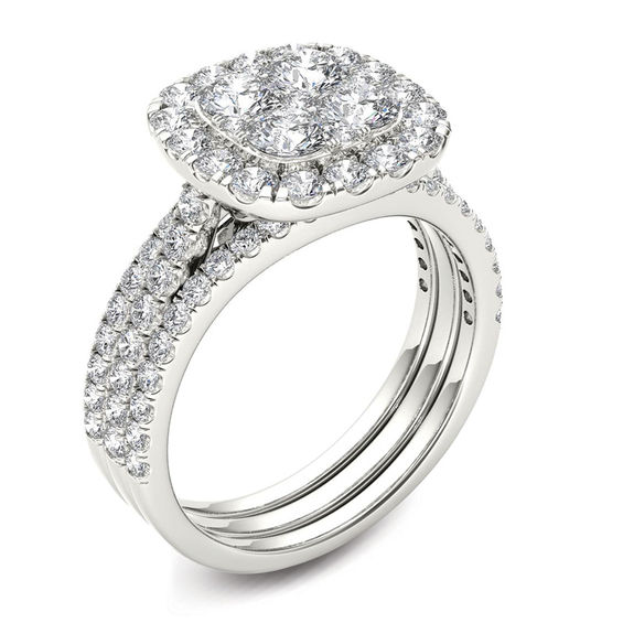 2 CT. T.w. Multi-Diamond Cushion Frame Bridal Set in 14K White Gold