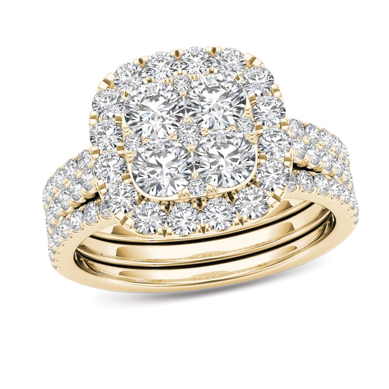 2 CT. T.W. Multi-Diamond Cushion Frame Bridal Set in 14K Gold