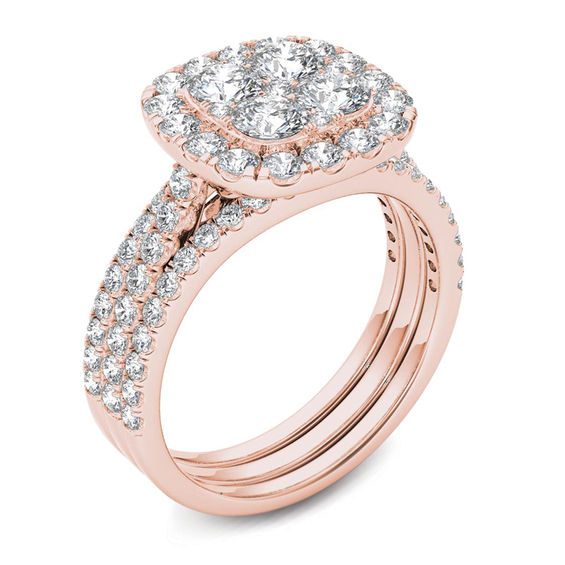 2 CT. T.w. Multi-Diamond Cushion Frame Bridal Set in 14K Rose Gold