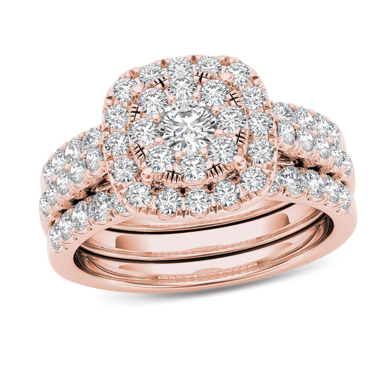 Main Image 1 of 1-1/2 CT. T.W. Multi-Diamond Frame Three Piece Bridal Set in 14K Rose Gold