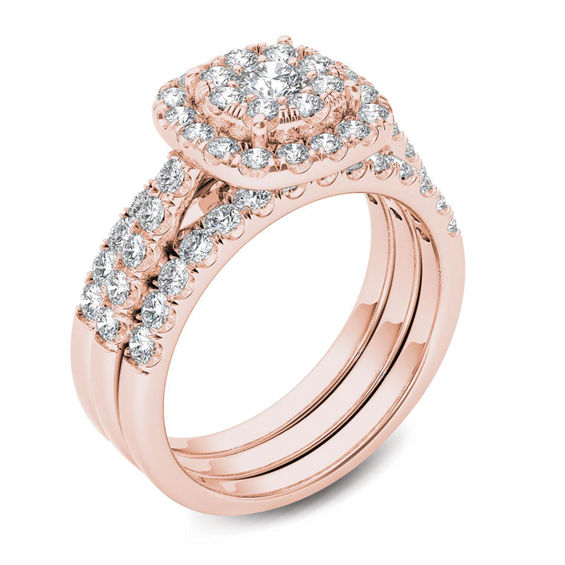 1-1/2 CT. T.w. Multi-Diamond Frame Three Piece Bridal Set in 14K Rose Gold