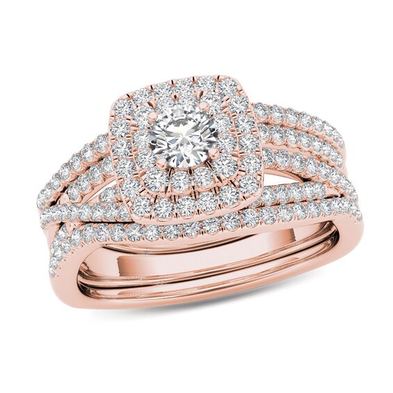 1 CT. T.W. Diamond Cushion Double Fram 1 CT. T.W. Diamond Cushion Double Frame Woven Three Piece Bridal Set in 14K Rose Gold