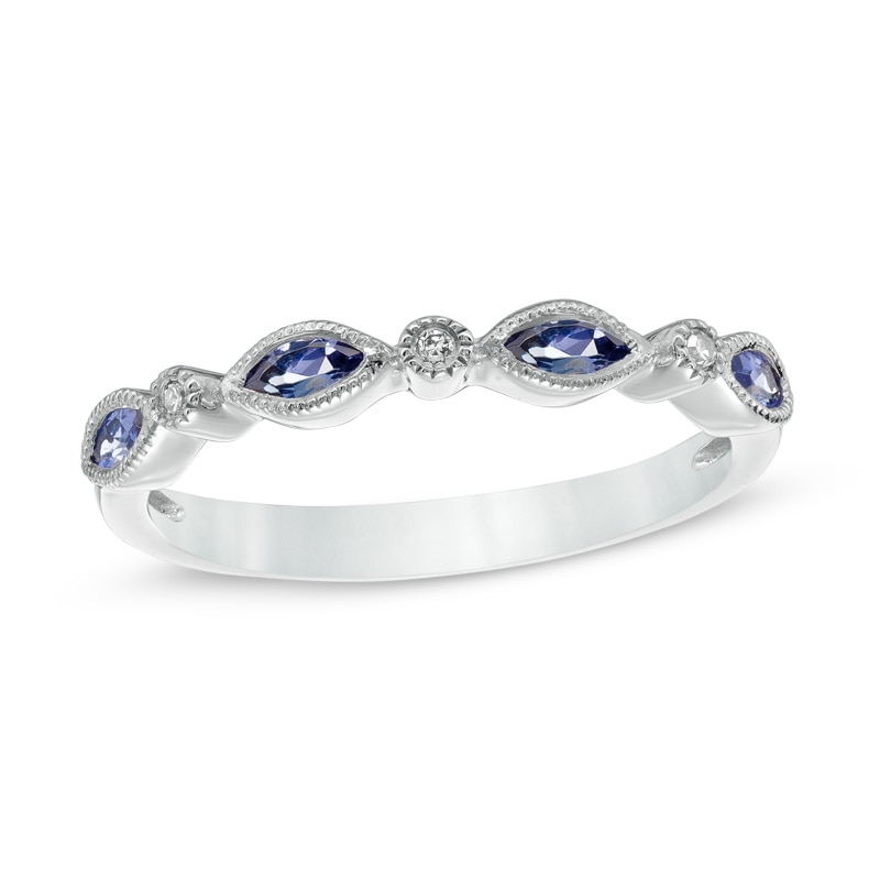 Marquise Tanzanite and Diamond Accent Vintage-Style Band in 14K White Gold