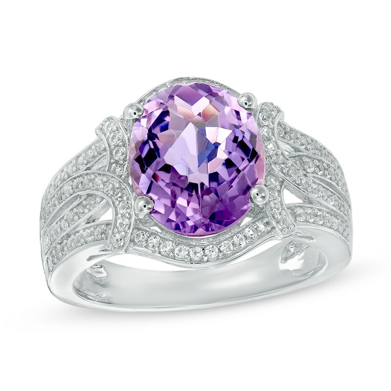 Main Image 1 of Oval Amethyst and Lab-Created White Sapphire Frame Split Shank Ring in Sterling Silver