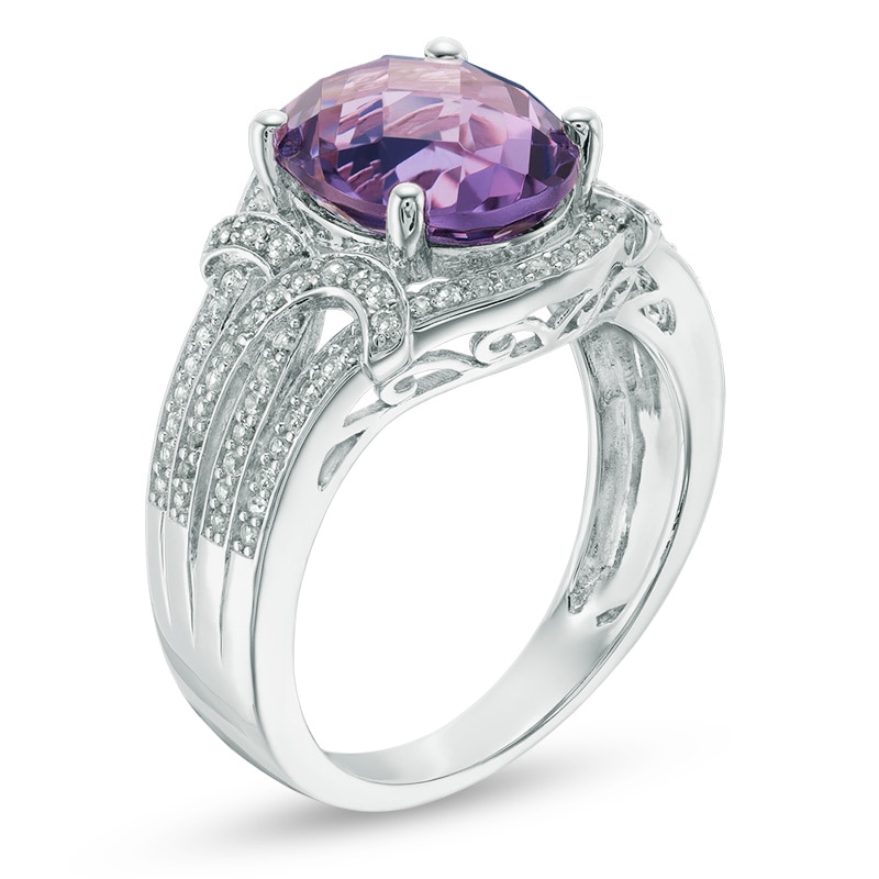 Main Image 2 of Oval Amethyst and Lab-Created White Sapphire Frame Split Shank Ring in Sterling Silver