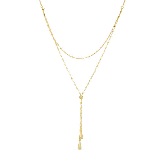 Double Teardrop Lariat Necklace in 14K Gold - 17"