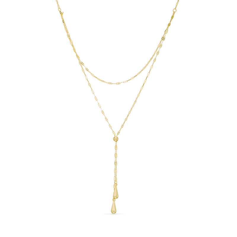 Double Teardrop Lariat Necklace in 14K Gold - 17"