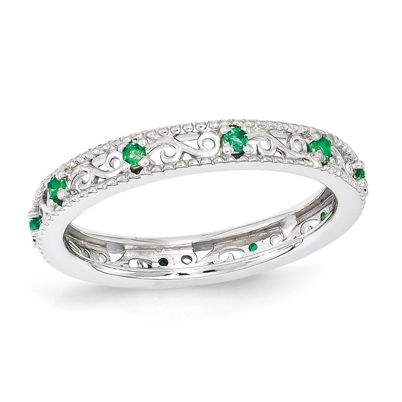 Stackable Expressions™ 3.0mm Lab-Created Emerald Filigree Eternity-Style Ring in Sterling Silver