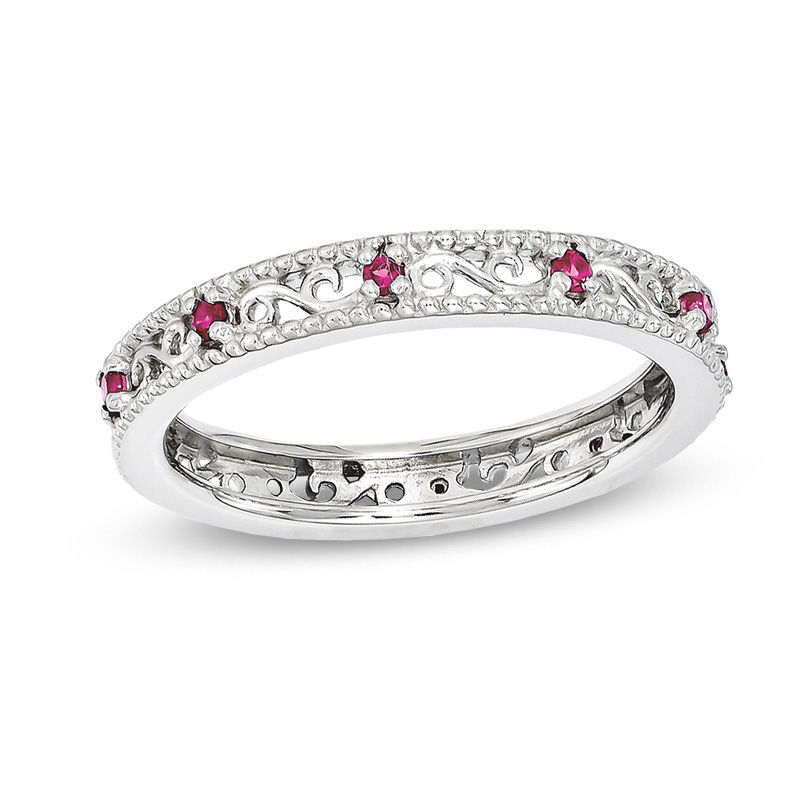 Stackable Expressions™ 3.0mm Lab-Created Ruby Filigree Eternity-Style Ring in Sterling Silver