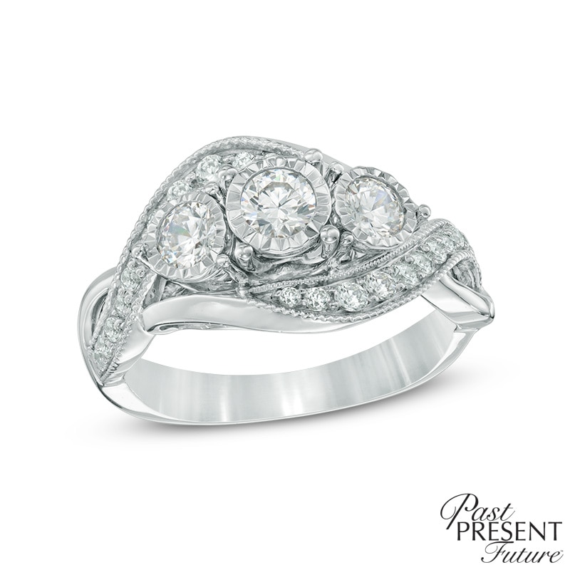 1 CT. T.W. Diamond Past Present Future® Vintage-Style Swirl Engagement Ring in 10K White Gold