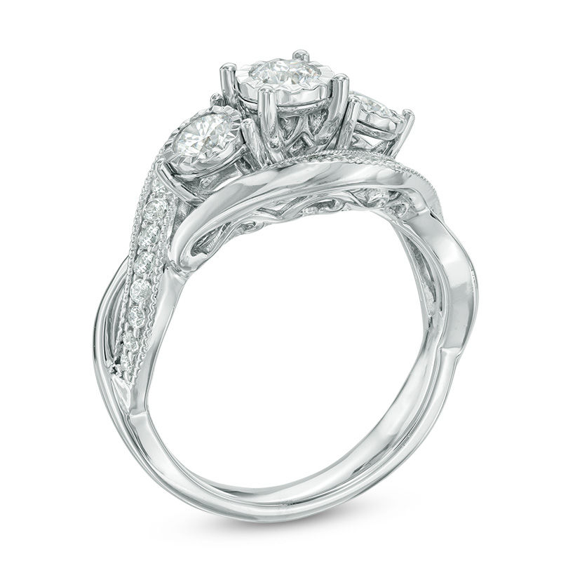 1 CT. T.W. Diamond Past Present Future® Vintage-Style Swirl Engagement Ring in 10K White Gold