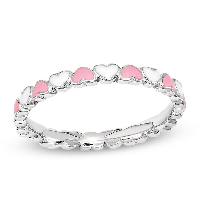 Main Image 1 of Stackable Expressions™ 2.5mm Pink and White Enamel Alternating Hearts Ring in Sterling Silver