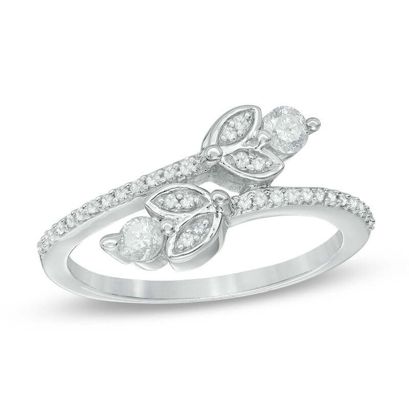 1/3 CT. T.W. Diamond Flower with Leaf Bypass Ring in 10K White Gold