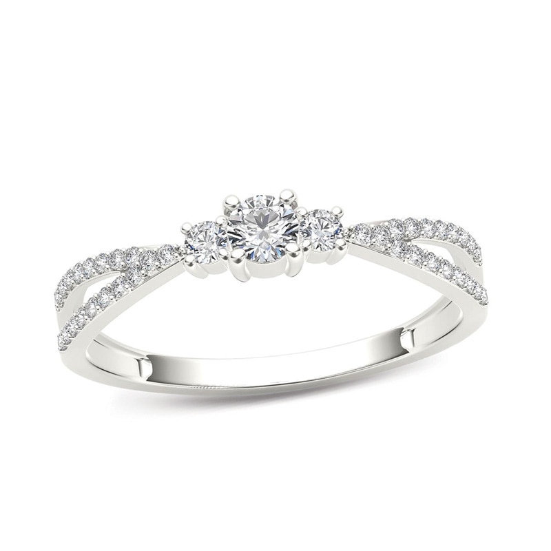 Main Image 1 of 1/4 CT. T.W. Diamond Three Stone Split Shank Engagement Ring in 14K White Gold