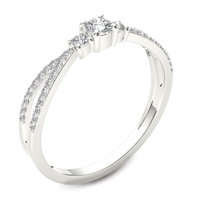 Main Image 2 of 1/4 CT. T.W. Diamond Three Stone Split Shank Engagement Ring in 14K White Gold