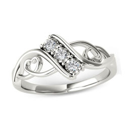 1/10 CT. T.W. Diamond Three Stone Bypass with Hearts Ring in 14K White Gold