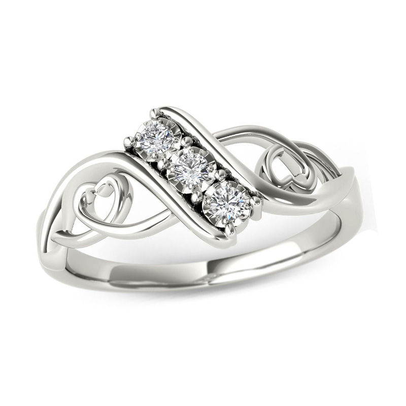 Main Image 1 of 1/10 CT. T.W. Diamond Three Stone Bypass with Hearts Ring in 14K White Gold