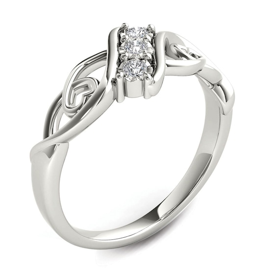 1/10 CT. T.w. Diamond Three Stone Bypass with Hearts Ring in 14K White Gold
