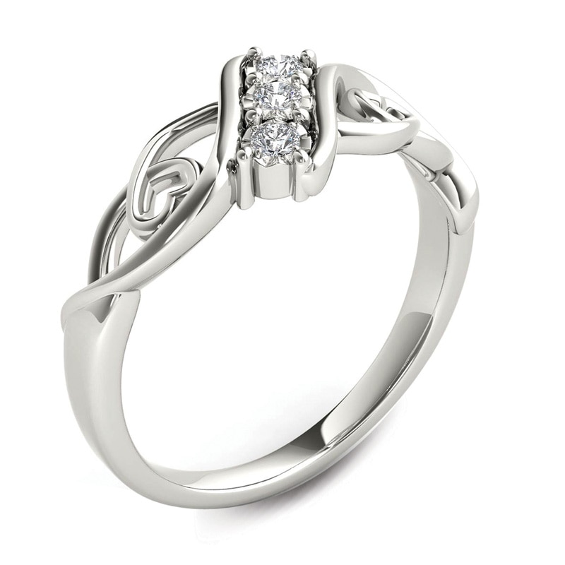 Main Image 2 of 1/10 CT. T.W. Diamond Three Stone Bypass with Hearts Ring in 14K White Gold