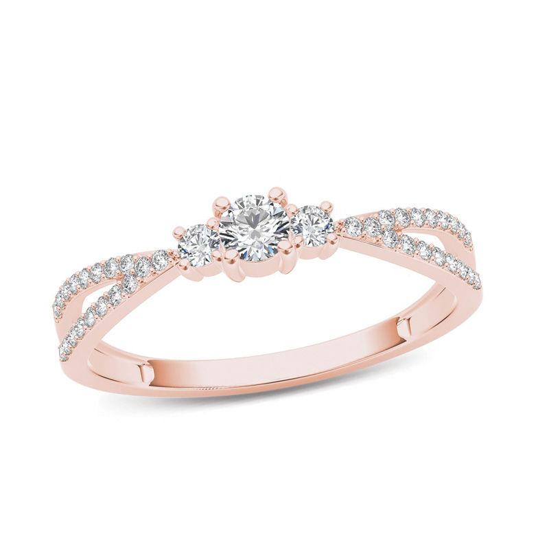 Main Image 1 of 1/4 CT. T.W. Diamond Three Stone Split Shank Engagement Ring in 14K Rose Gold